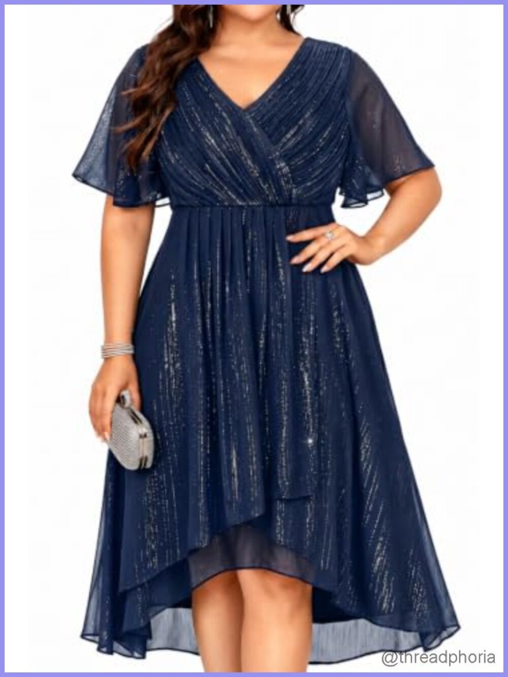 Plus Size A-Line Midi Dress V-Neck Long Sleeve Chiffon Formal Wedding Guest